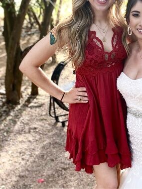 Red Lace-Accent Mini Dress with Ruffled Hem